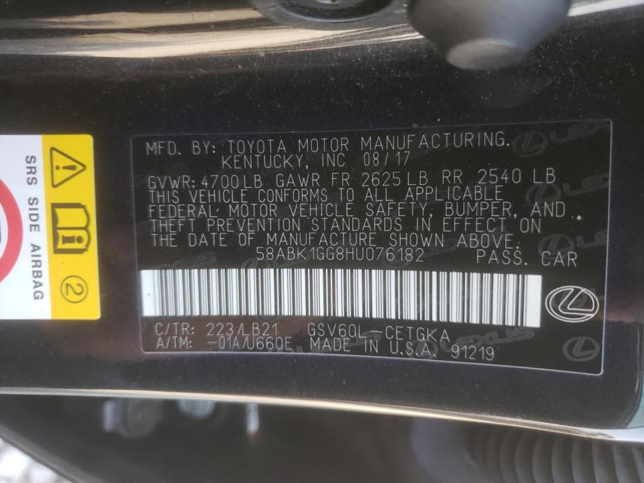 Photo 10 from auction – 2017 LEXUS ES 350 with VIN 58ABK1GG8HU076182
