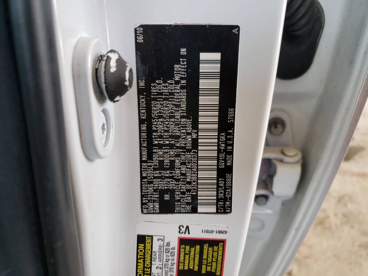 Photo 10 from auction – 2010 TOYOTA VENZA with VIN 4T3ZK3BB2AU030373