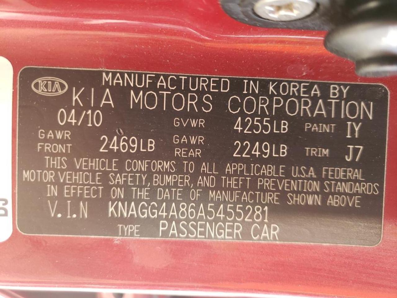 Photo 10 from auction – 2010 KIA OPTIMA LX with VIN KNAGG4A86A5455281