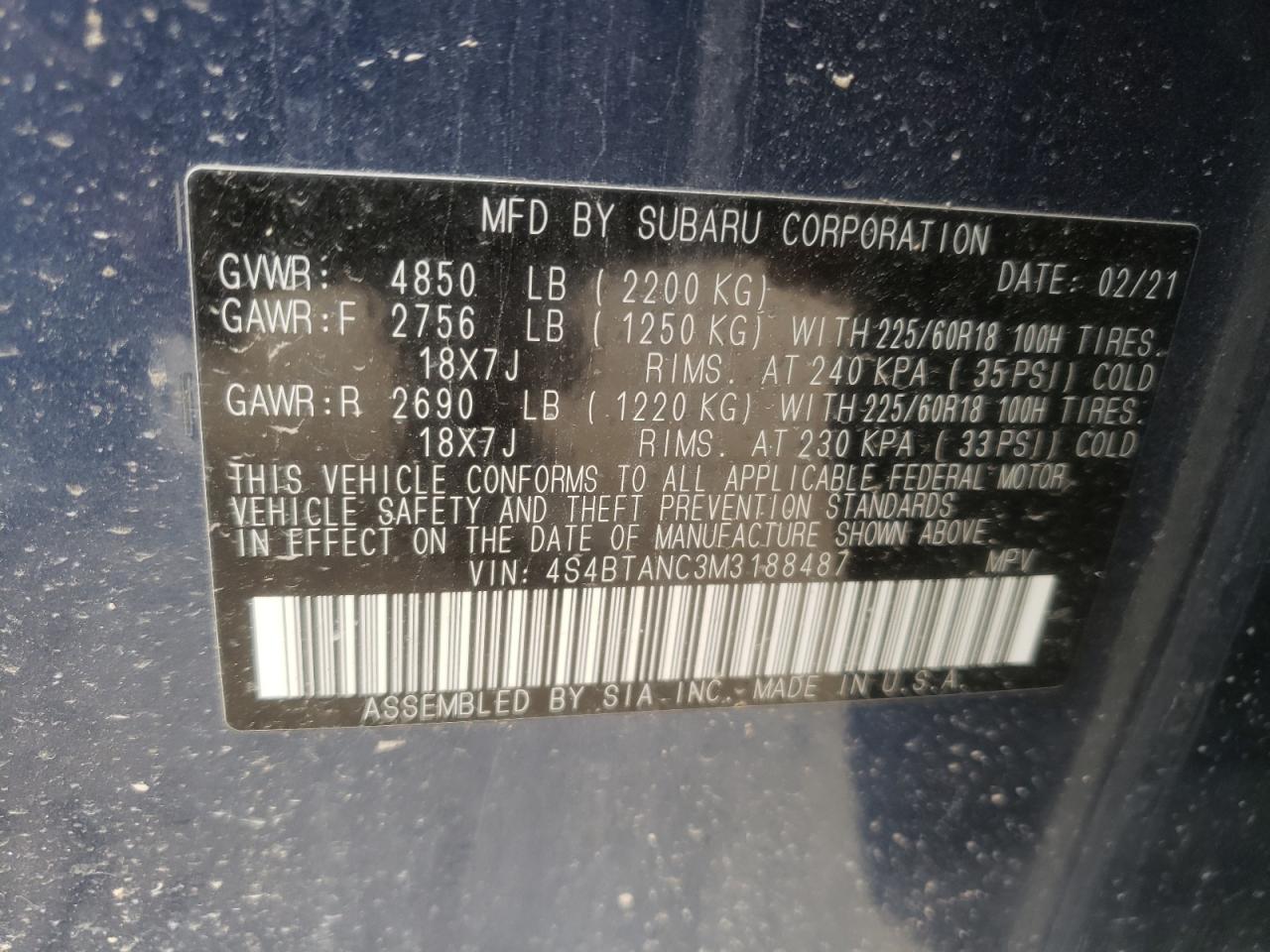 Photo 10 from auction – 2021 SUBARU OUTBACK LI with VIN 4S4BTANC3M3188487