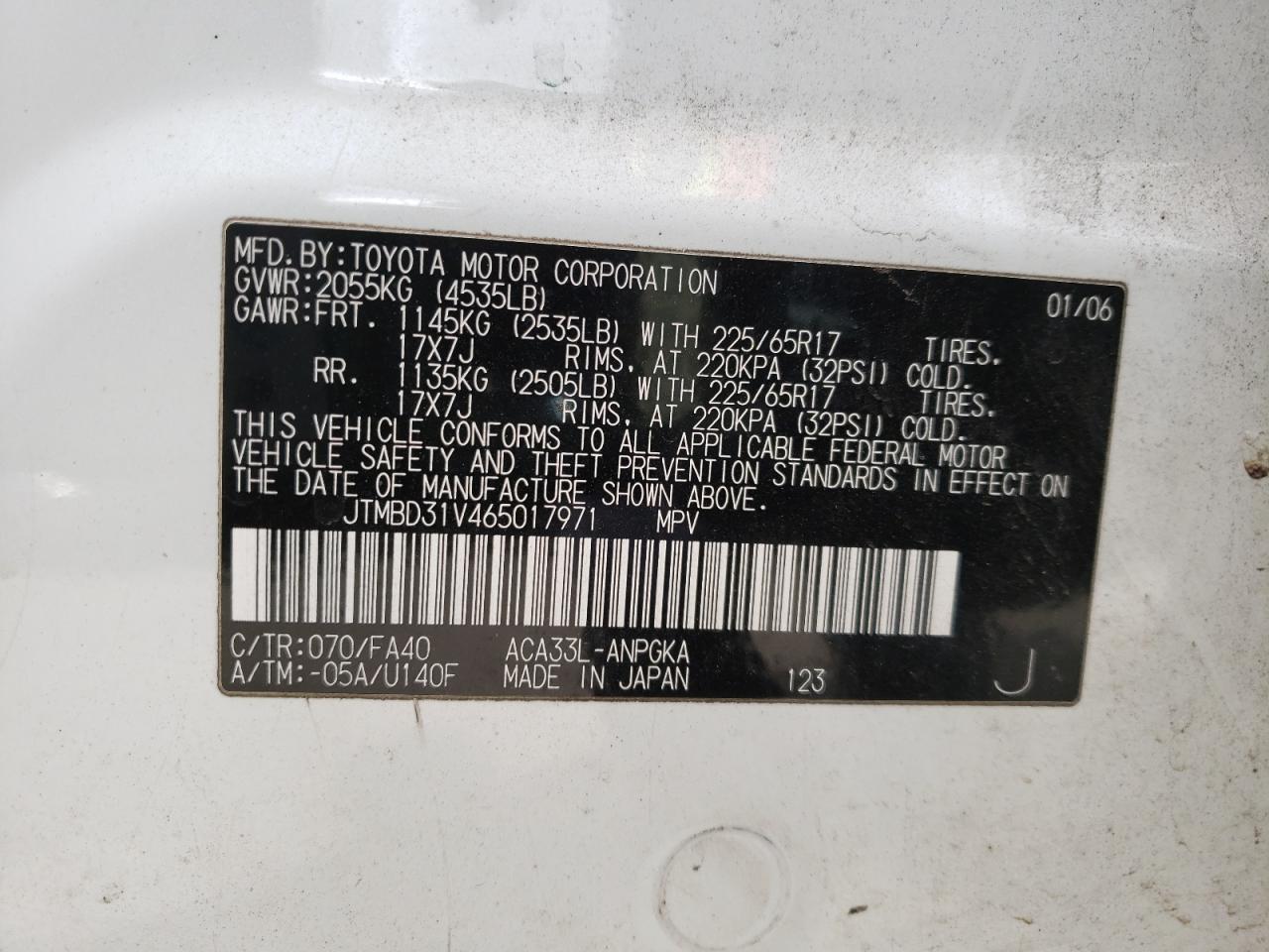 Photo 10 from auction – 2006 TOYOTA RAV4 LIMIT with VIN JTMBD31V465017971
