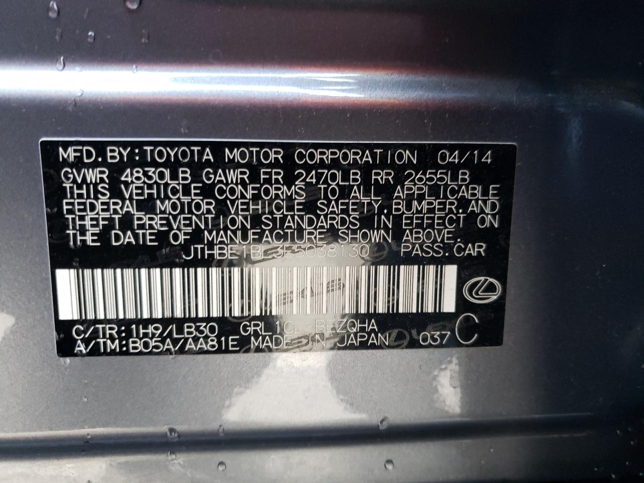 Photo 10 from auction – 2014 LEXUS GS 350 with VIN JTHBE1BL3E5038130