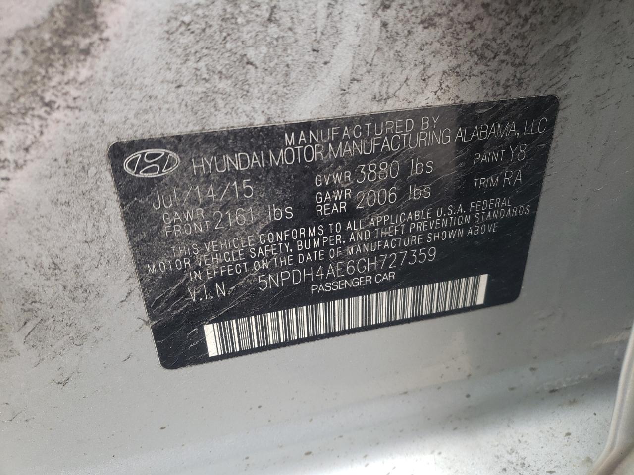 Photo 10 from auction – 2016 HYUNDAI ELANTRA SE with VIN 5NPDH4AE6GH727359