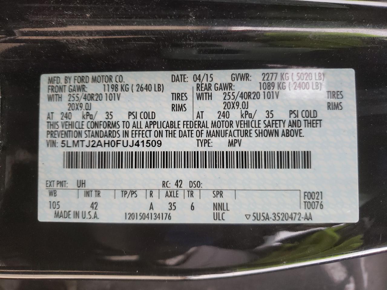 Photo 10 from auction – 2015 LINCOLN MKC with VIN 5LMTJ2AH0FUJ41509