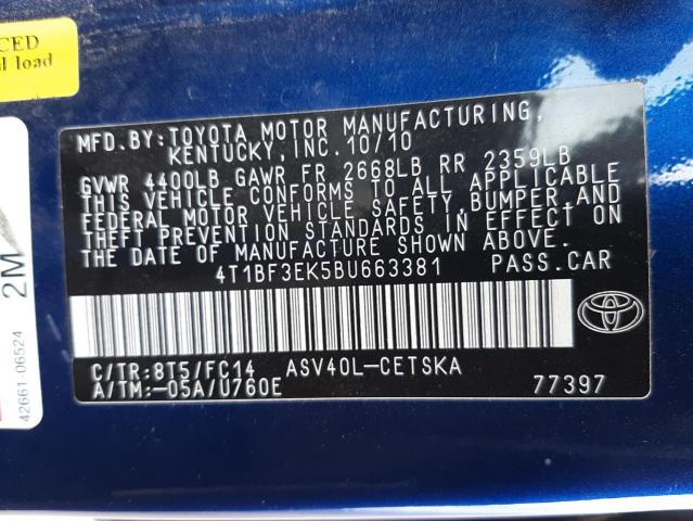 Photo 10 from auction – 2011 TOYOTA CAMRY BASE with VIN 4T1BF3EK5BU663381