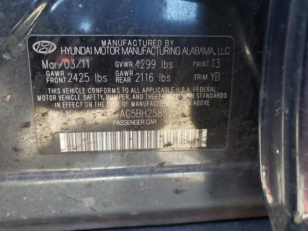 Photo 10 from auction – 2011 HYUNDAI SONATA GLS with VIN 5NPEB4AC5BH258519