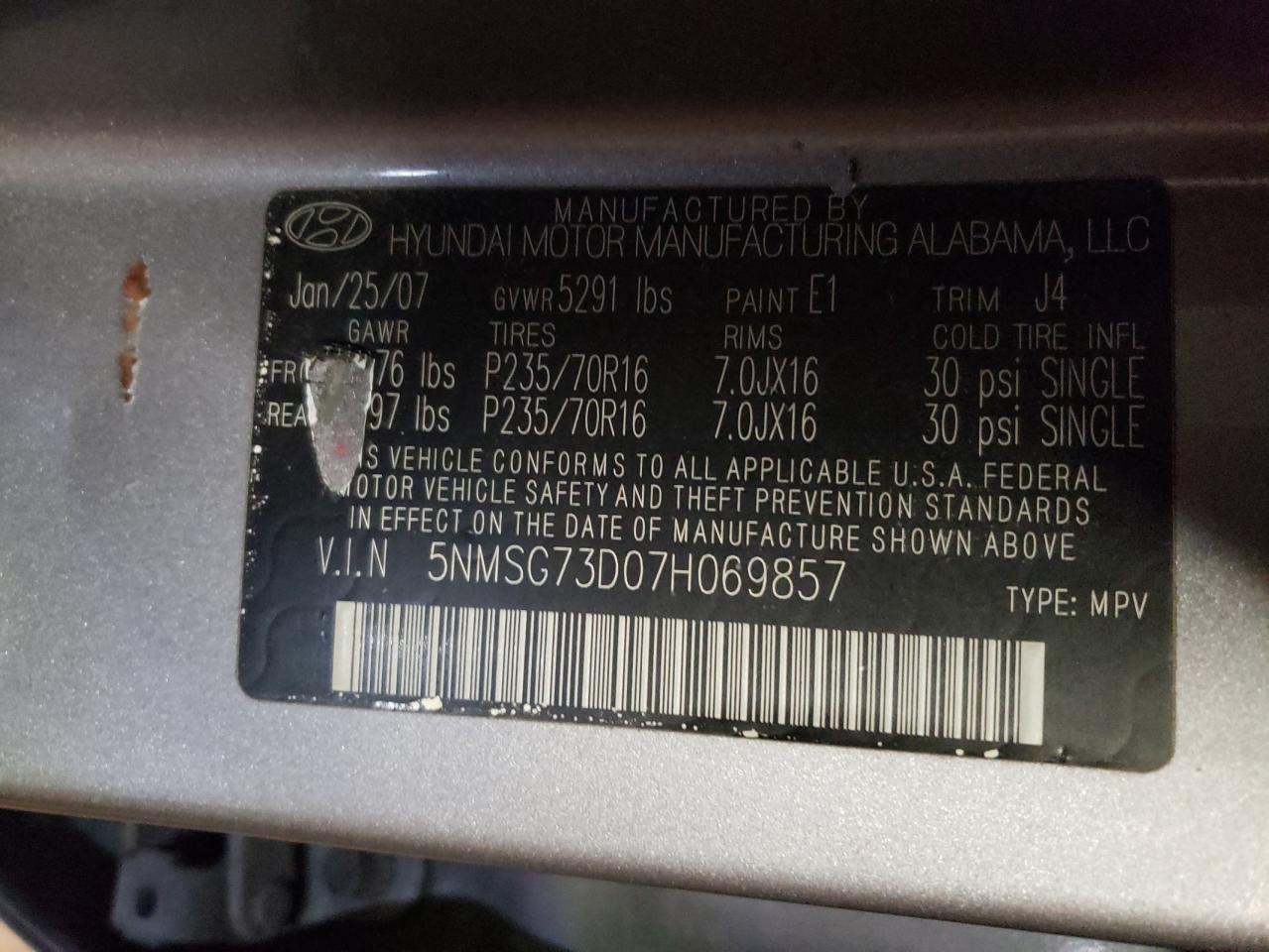 Photo 10 from auction – 2007 HYUNDAI SANTA FE G with VIN 5NMSG73D07H069857