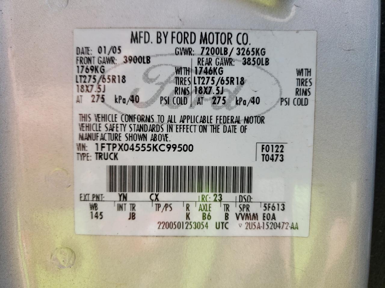 Photo 10 from auction – 2005 FORD F150 with VIN 1FTPX04555KC99500