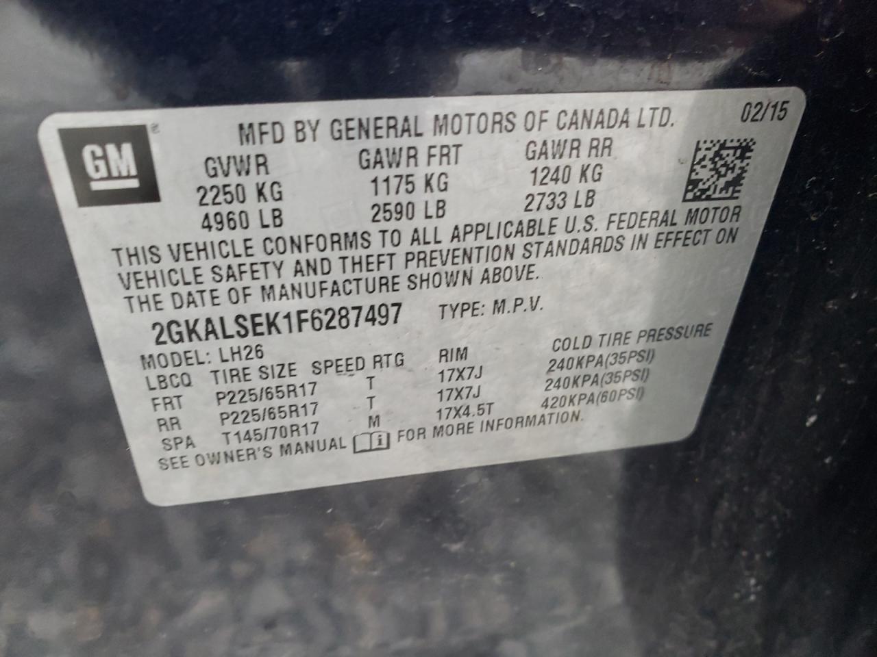 Photo 10 from auction – 2015 GMC TERRAIN SL with VIN 2GKALSEK1F6287497