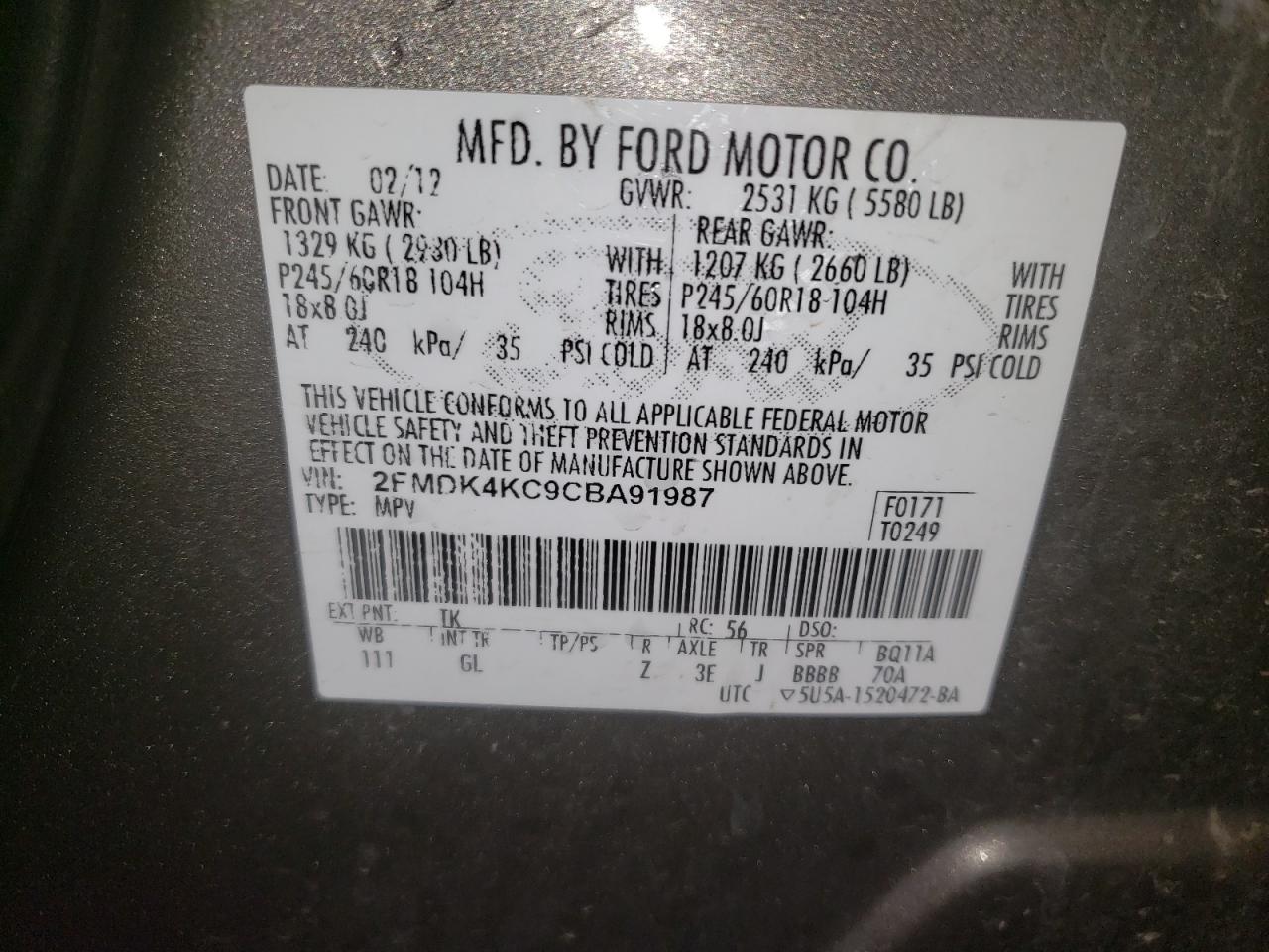 Photo 10 from auction – 2012 FORD EDGE LIMIT with VIN 2FMDK4KC9CBA91987