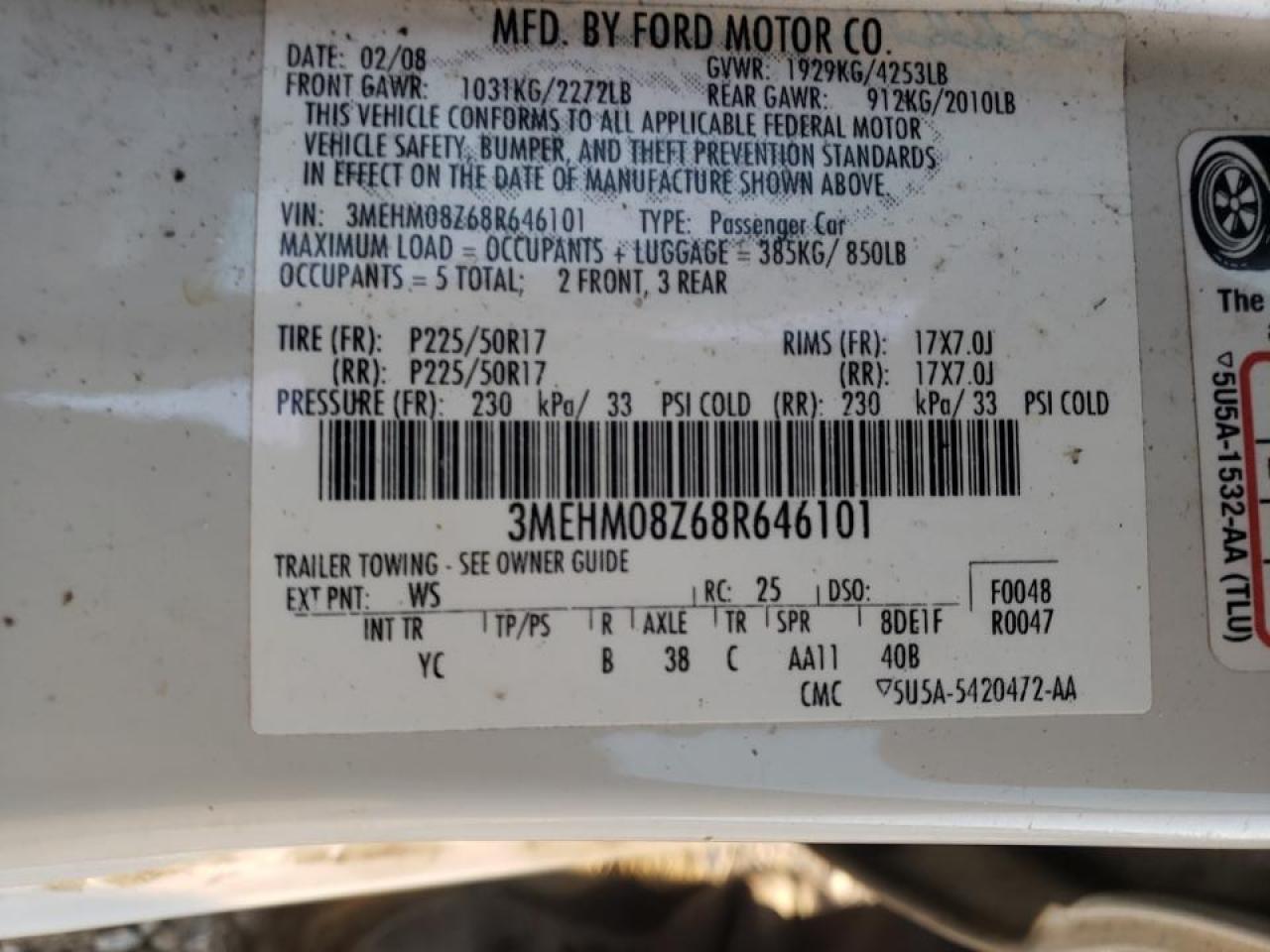 Photo 10 from auction – 2008 MERCURY MILAN PREM with VIN 3MEHM08Z68R646101