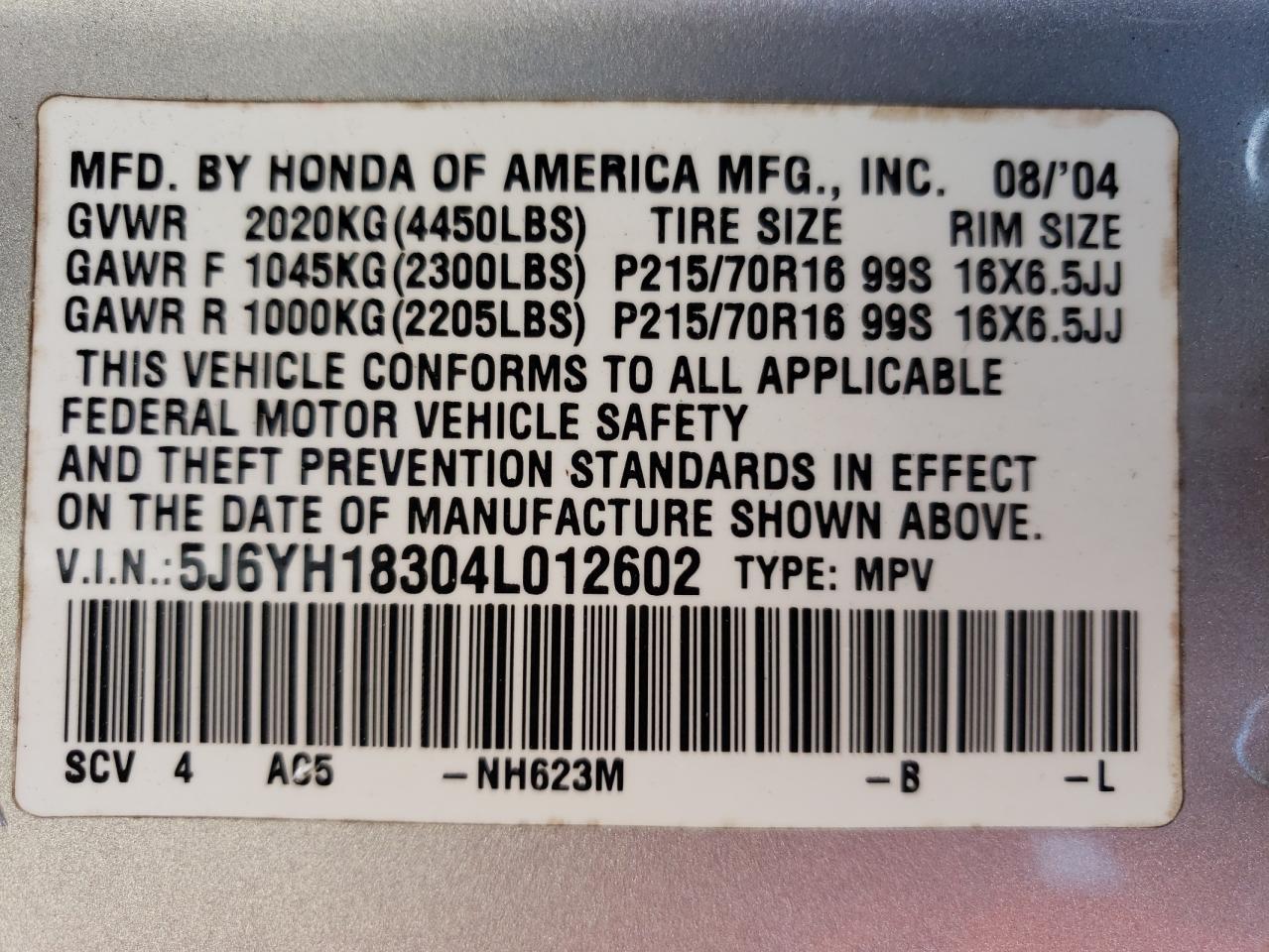 Photo 10 from auction – 2004 HONDA ELEMENT LX with VIN 5J6YH18304L012602