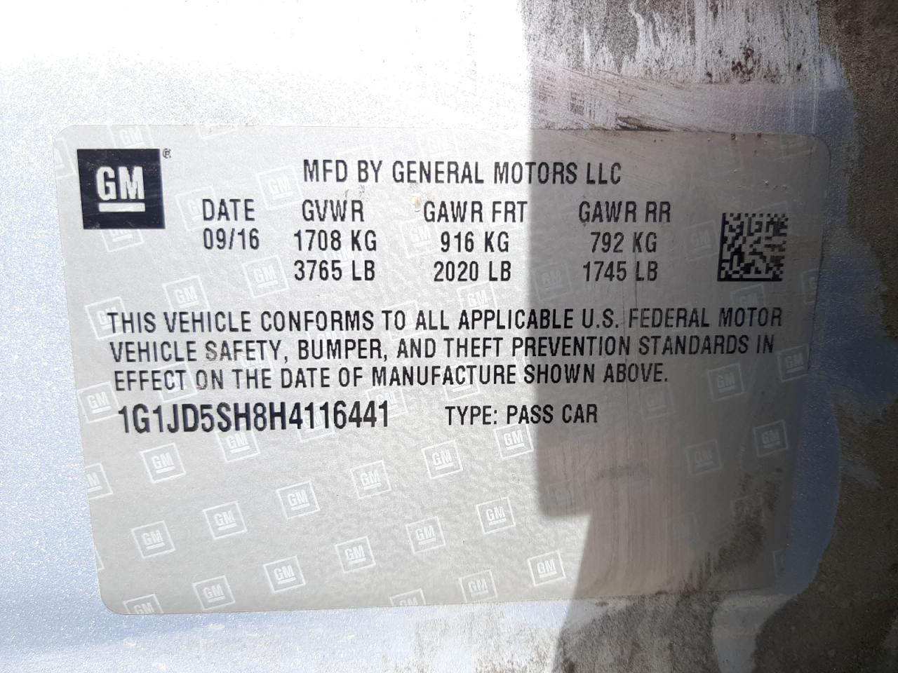 Photo 10 from auction – 2017 CHEVROLET SONIC LT with VIN 1G1JD5SH8H4116441