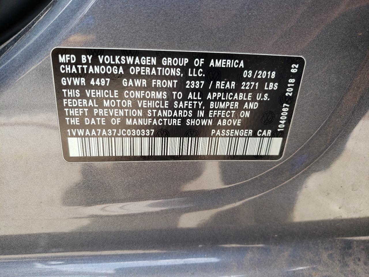 Photo 10 from auction – 2018 VOLKSWAGEN PASSAT S with VIN 1VWAA7A37JC030337