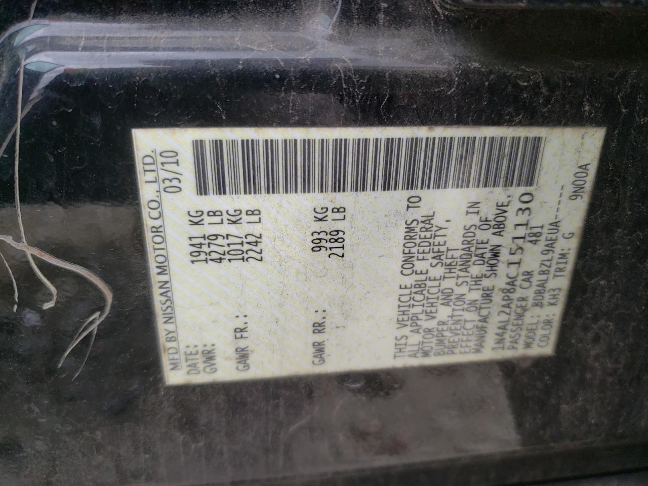Photo 10 from auction – 2010 NISSAN ALTIMA BAS with VIN 1N4AL2AP8AC151130