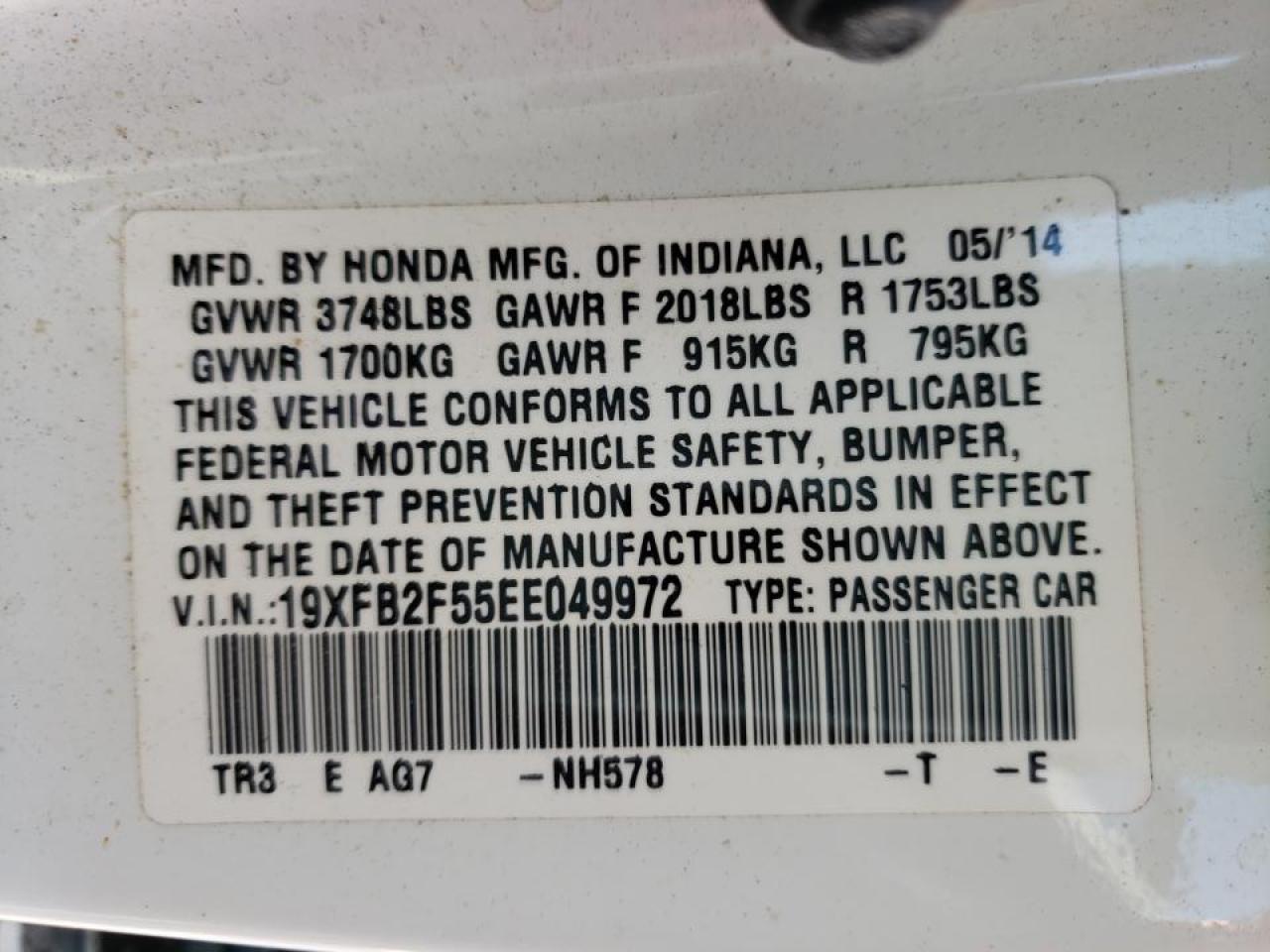 Photo 10 from auction – 2014 HONDA CIVIC LX with VIN 19XFB2F55EE049972