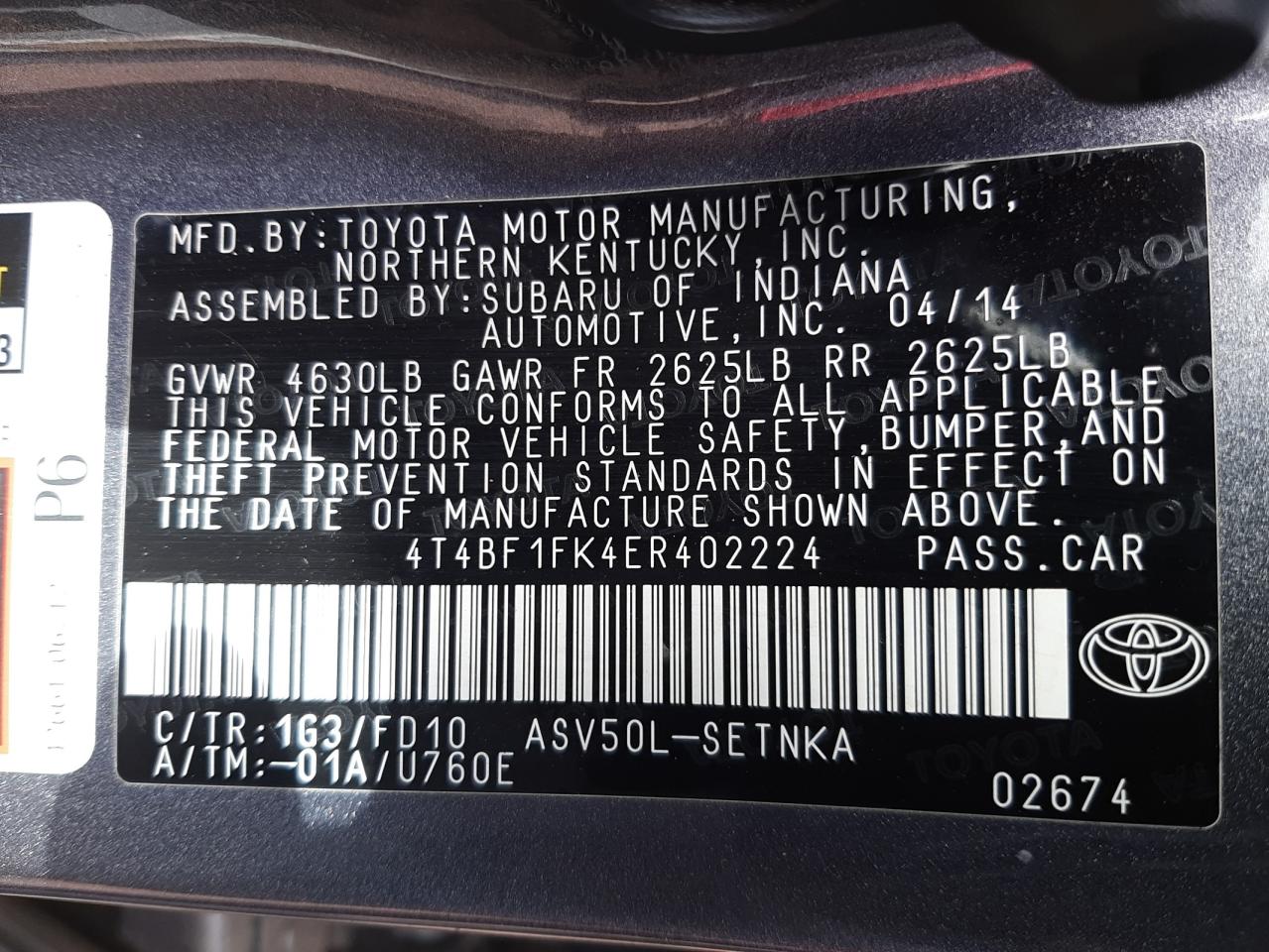 Photo 10 from auction – 2014 TOYOTA CAMRY L with VIN 4T4BF1FK4ER402224