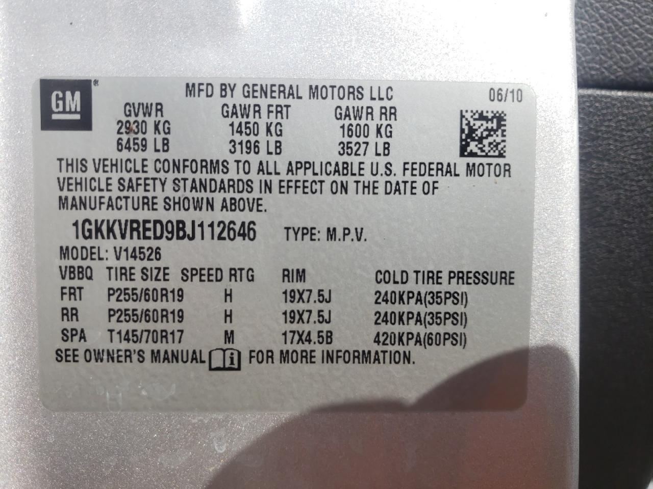Photo 10 from auction – 2011 GMC ACADIA SLT with VIN 1GKKVRED9BJ112646