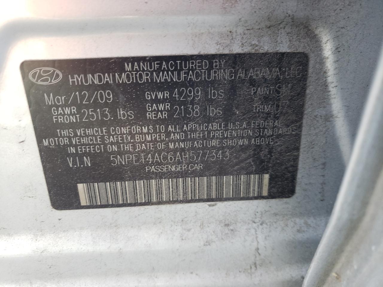 Photo 10 from auction – 2010 HYUNDAI SONATA GLS with VIN 5NPET4AC6AH577343