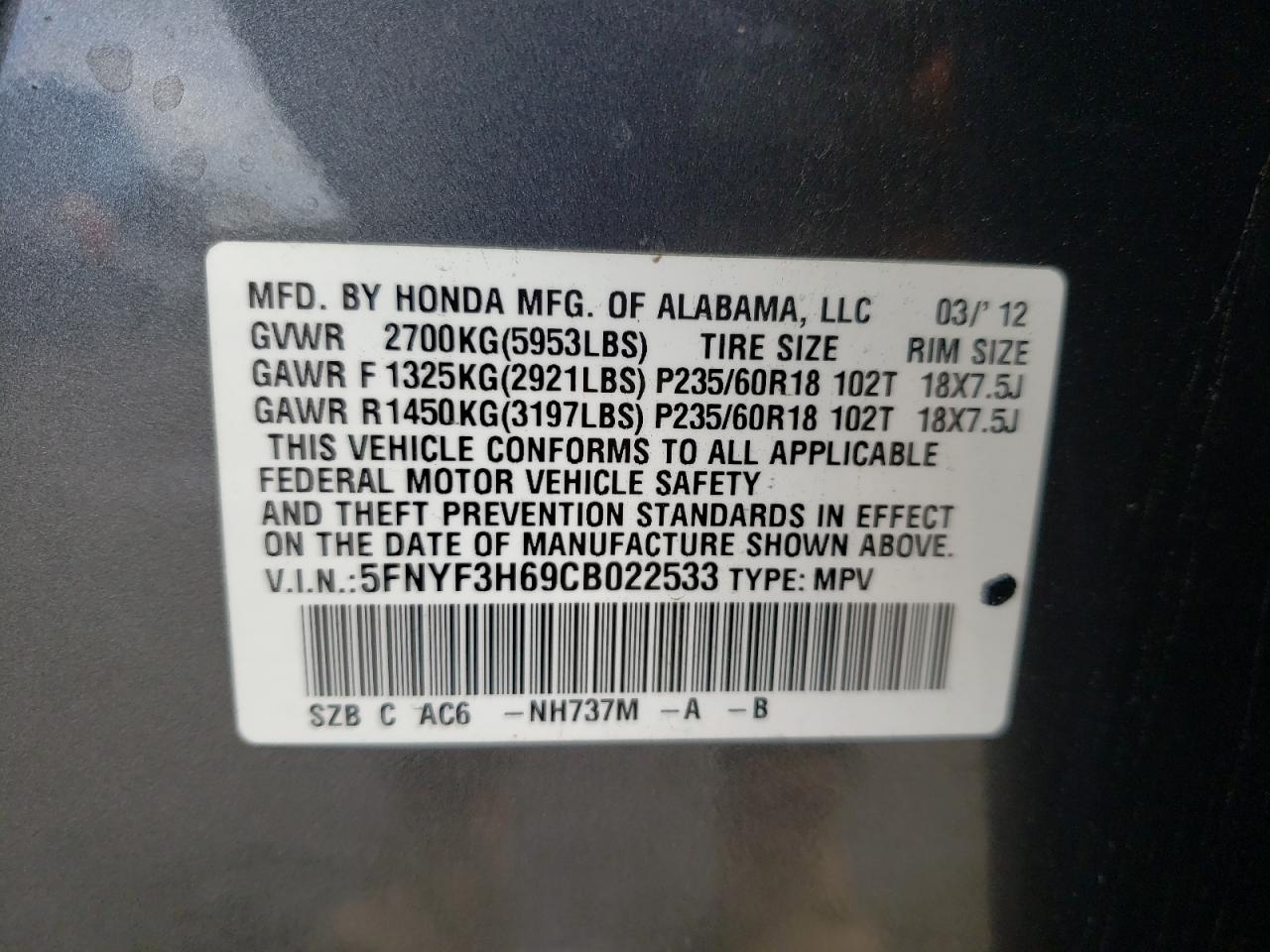 Photo 10 from auction – 2012 HONDA PILOT EXL with VIN 5FNYF3H69CB022533