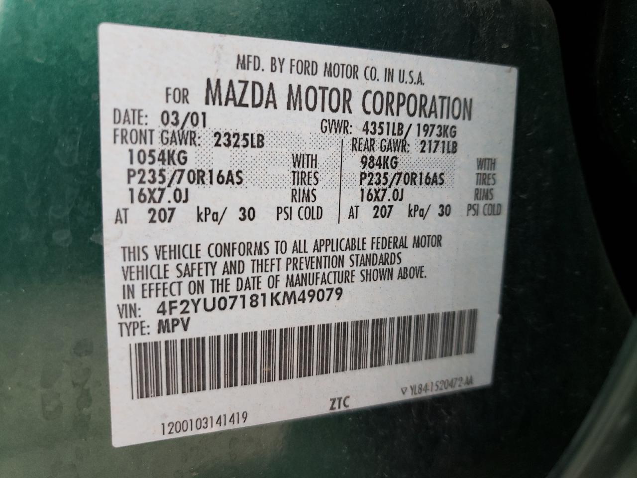 Photo 10 from auction – 2001 MAZDA TRIBUTE DX with VIN 4F2YU07181KM49079