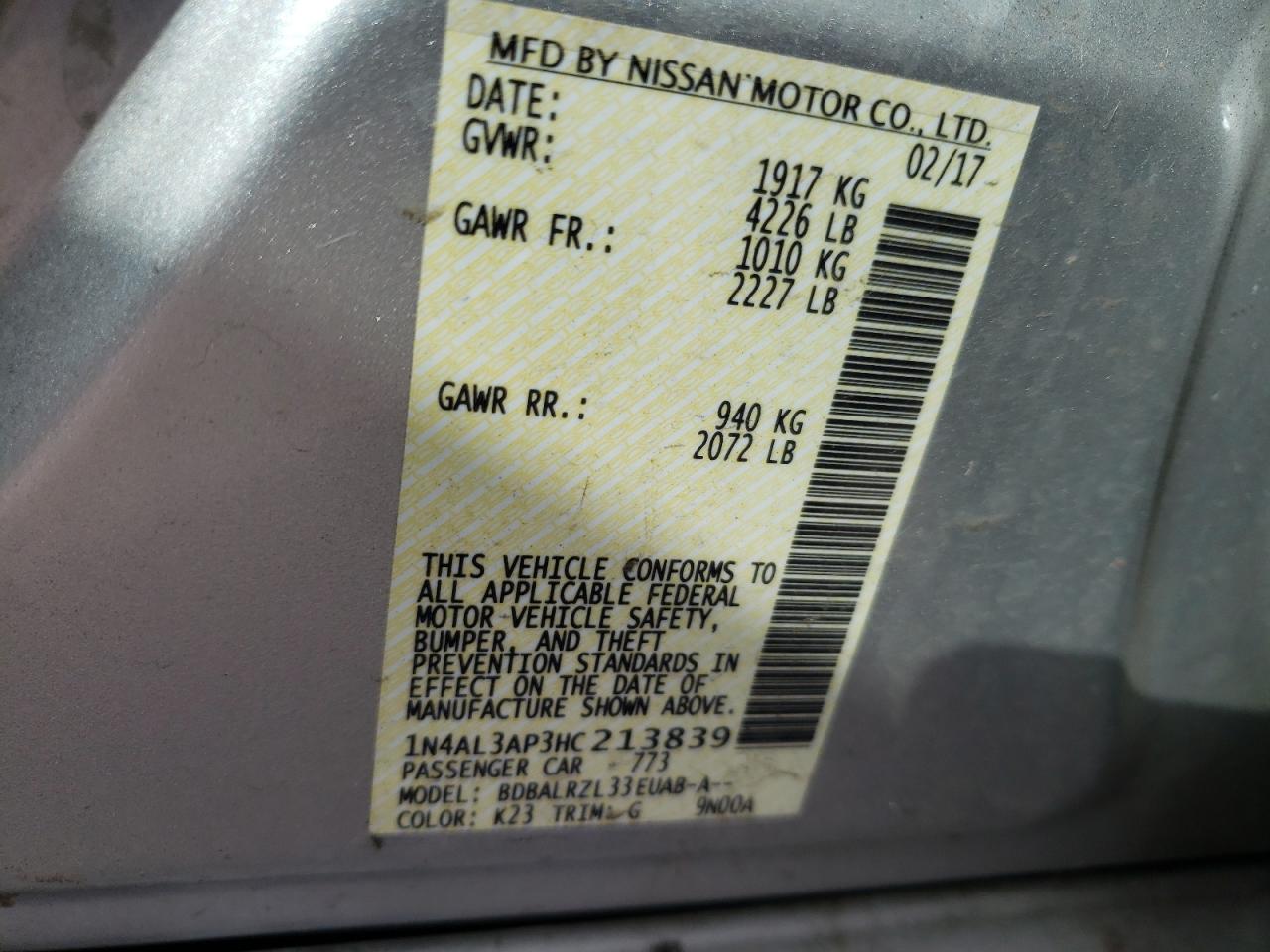 Photo 10 from auction – 2017 NISSAN ALTIMA 2.5 with VIN 1N4AL3AP3HC213839