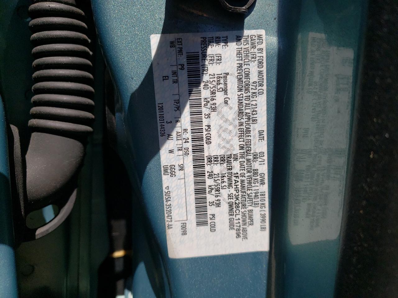Photo 10 from auction – 2012 FORD FOCUS SE with VIN 1FAHP3K28CL117896