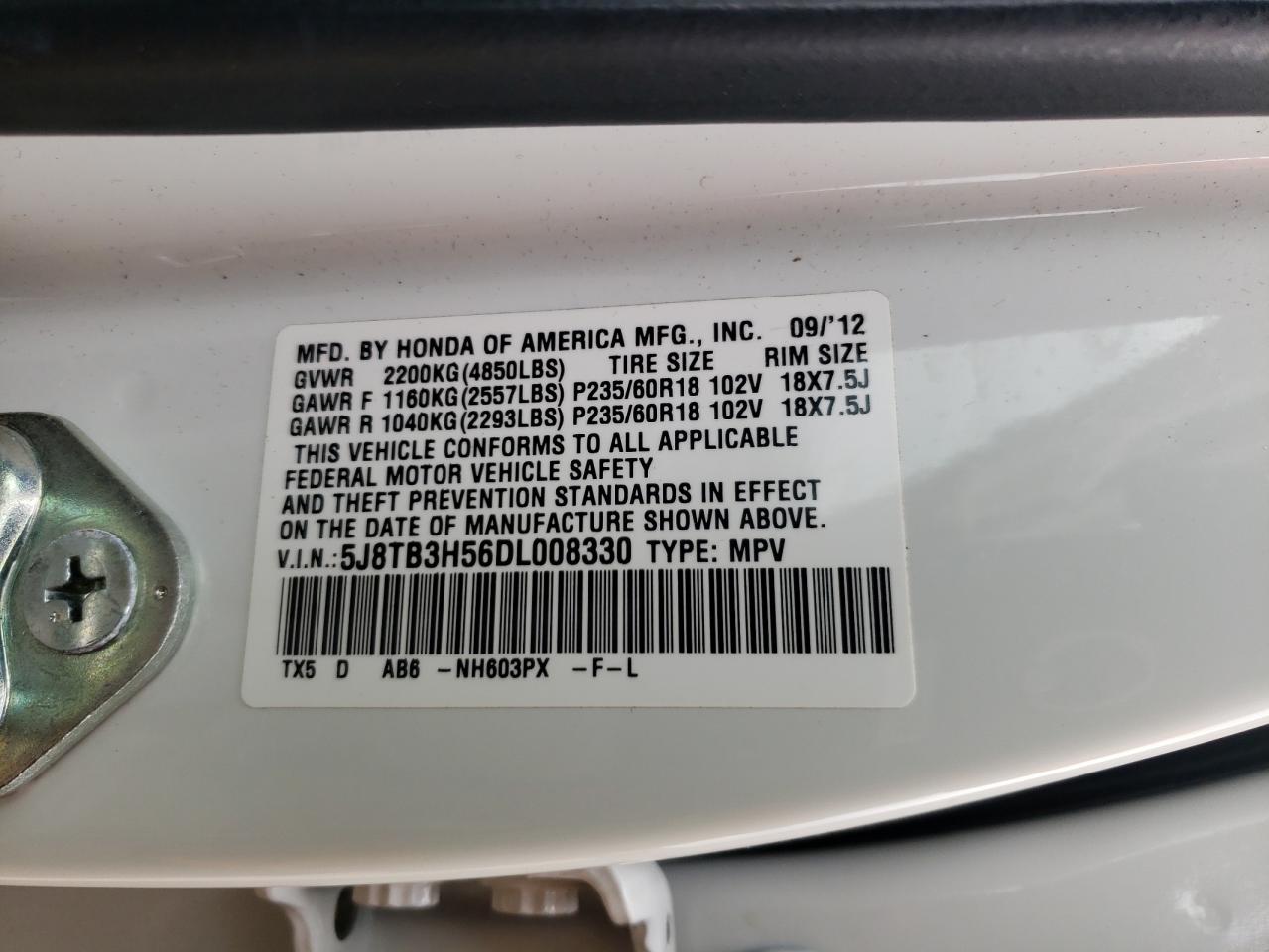 Photo 10 from auction – 2013 ACURA RDX TECHNO with VIN 5J8TB3H56DL008330