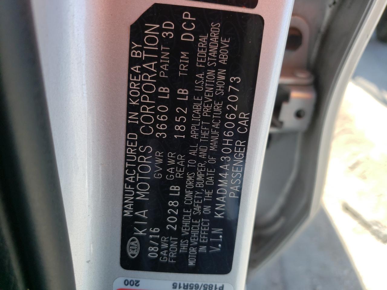 Photo 10 from auction – 2017 KIA RIO LX with VIN KNADM4A30H6062073