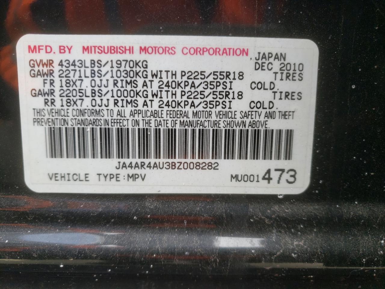 Photo 10 from auction – 2011 MITSUBISHI OUTLANDER with VIN JA4AR4AU3BZ008282