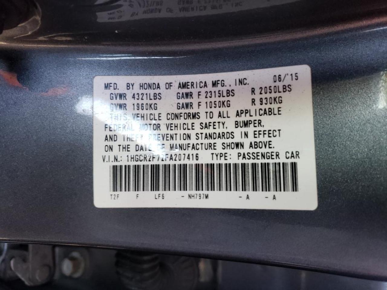 Photo 10 from auction – 2015 HONDA ACCORD EX with VIN 1HGCR2F72FA207416