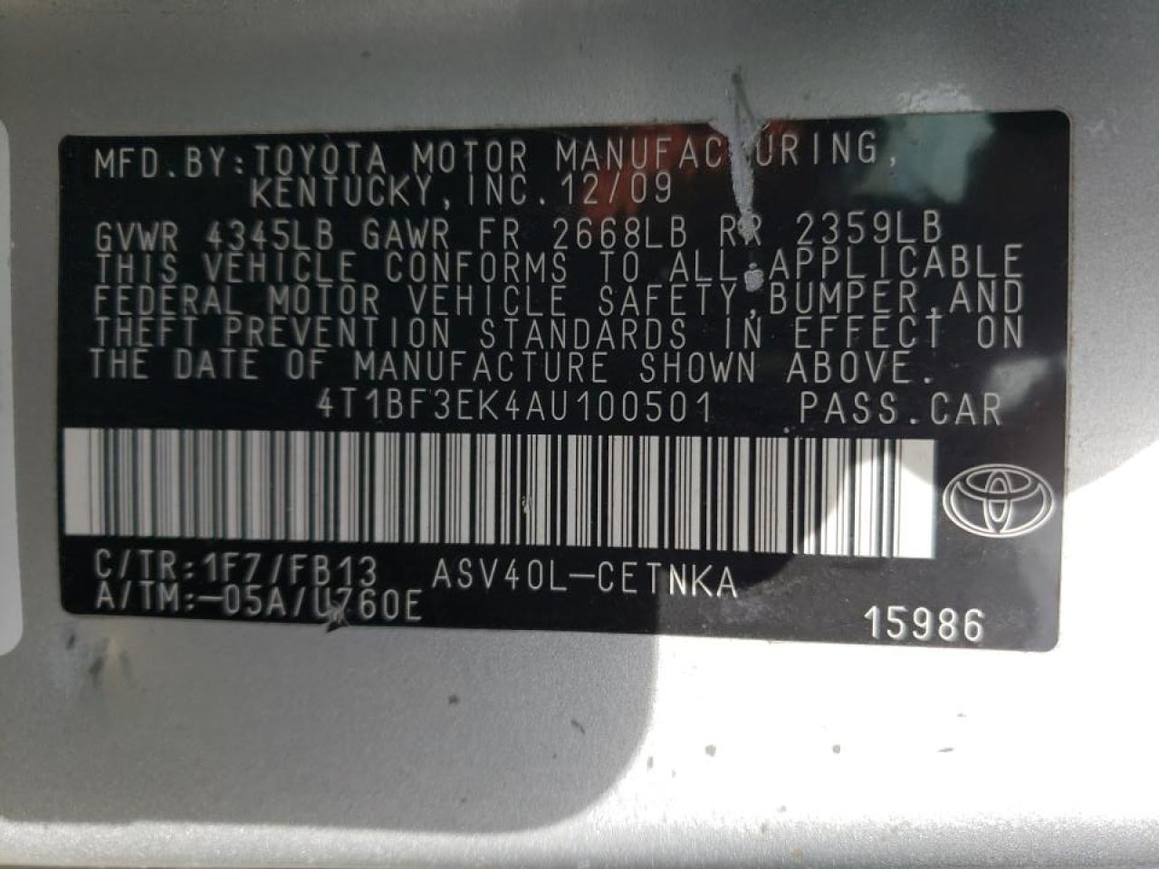 Photo 10 from auction – 2010 TOYOTA CAMRY BASE with VIN 4T1BF3EK4AU100501