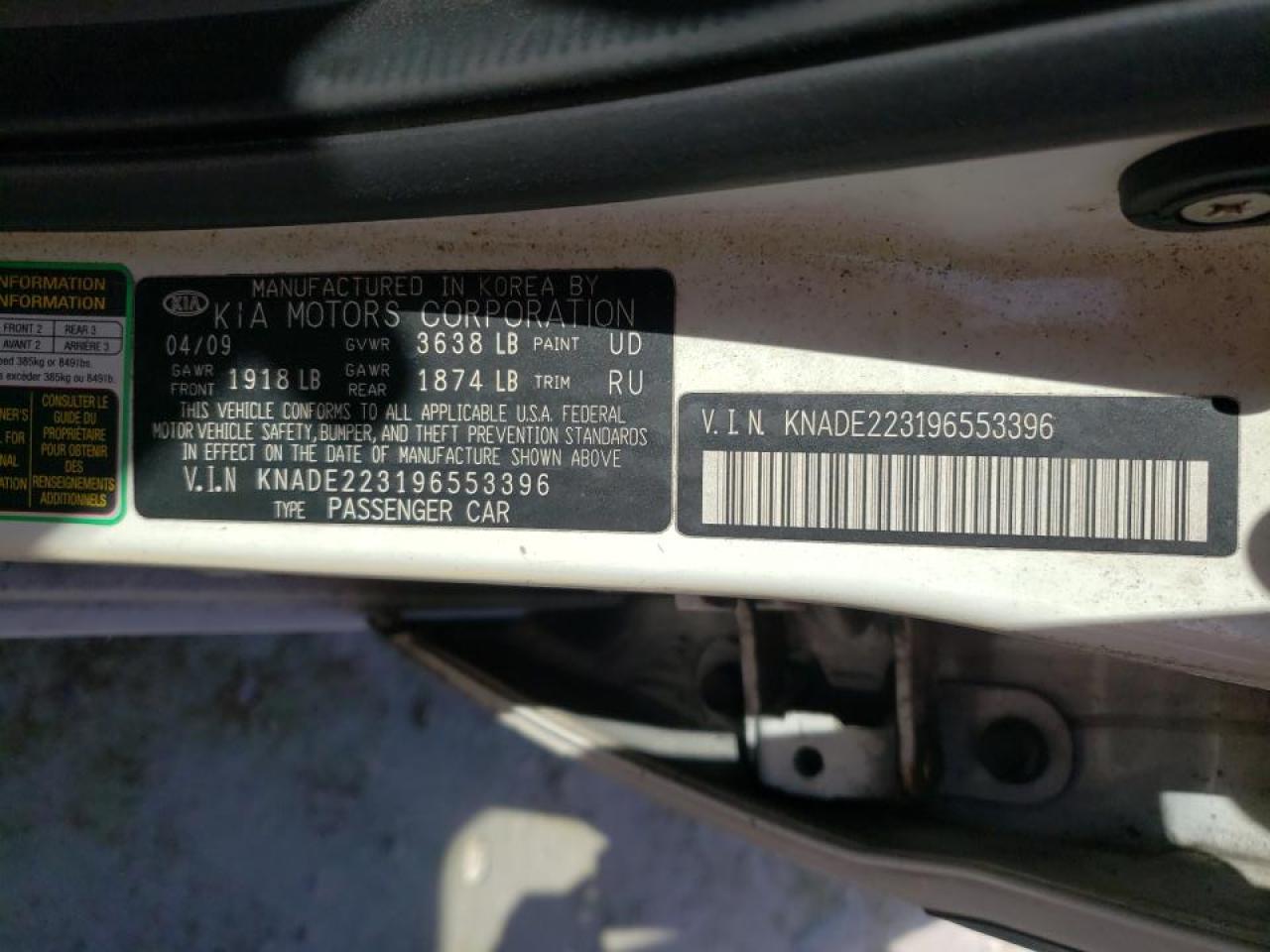 Photo 10 from auction – 2009 KIA RIO BASE with VIN KNADE223196553396
