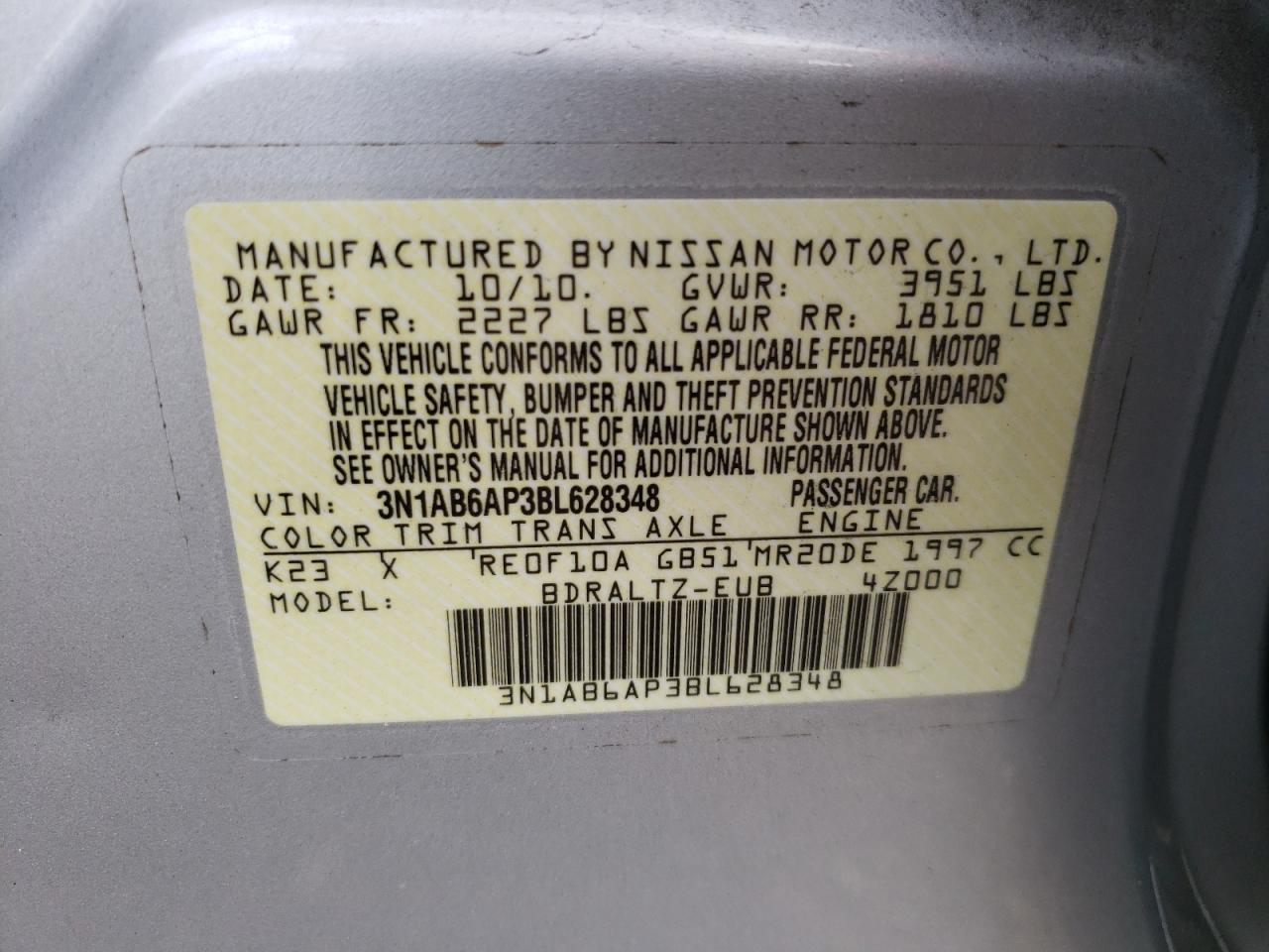 Фото 10 с аукциона – 2011 NISSAN SENTRA с VIN 3N1AB6AP3BL628348