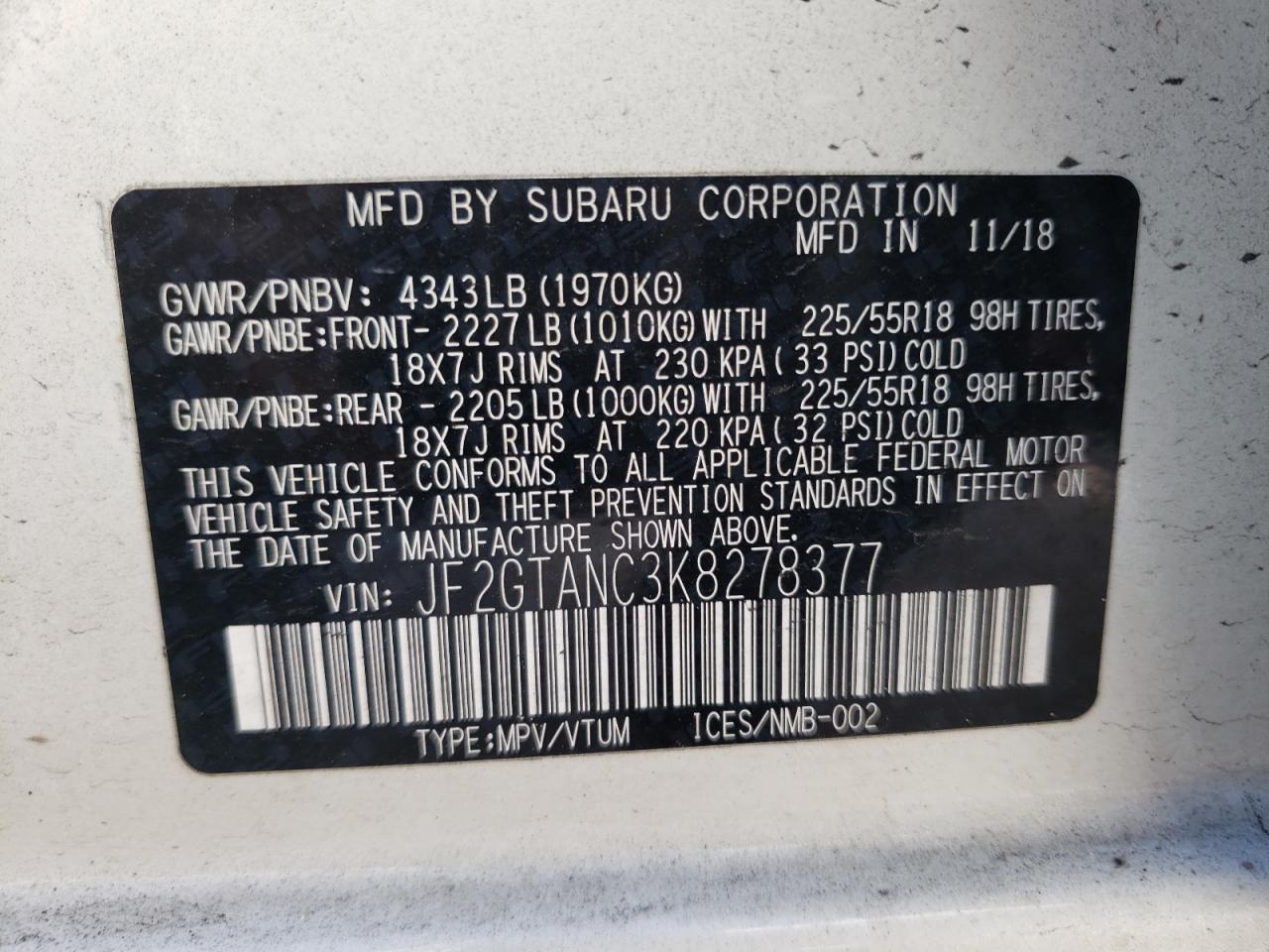 Photo 10 from auction – 2019 SUBARU CROSSTREK with VIN JF2GTANC3K8278377