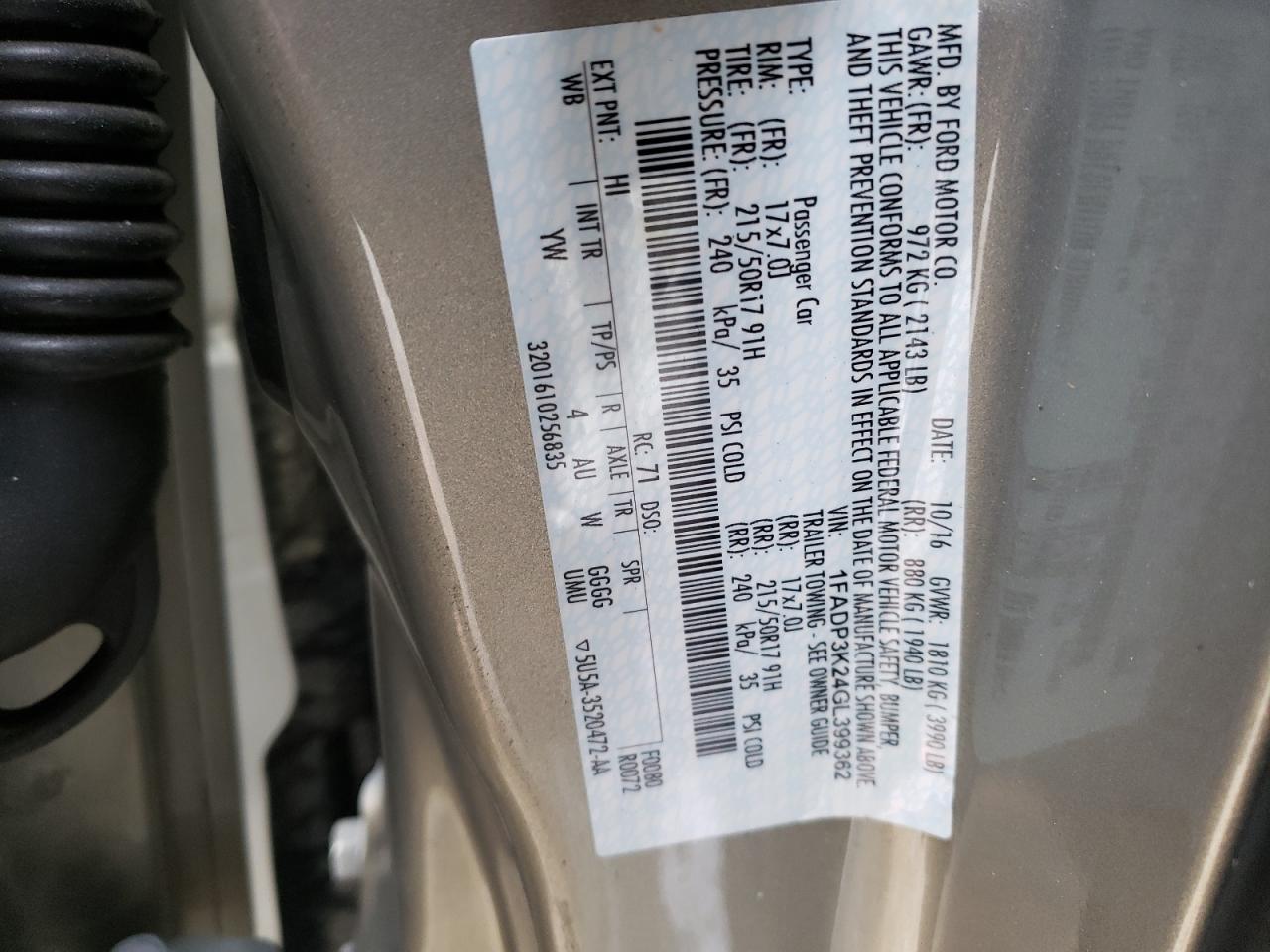 Photo 10 from auction – 2016 FORD FOCUS SE with VIN 1FADP3K24GL399362