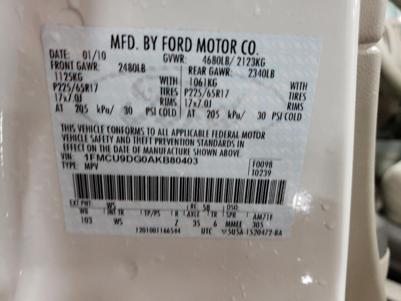 Photo 10 from auction – 2010 FORD ESCAPE XLT with VIN 1FMCU9DG0AKB80403