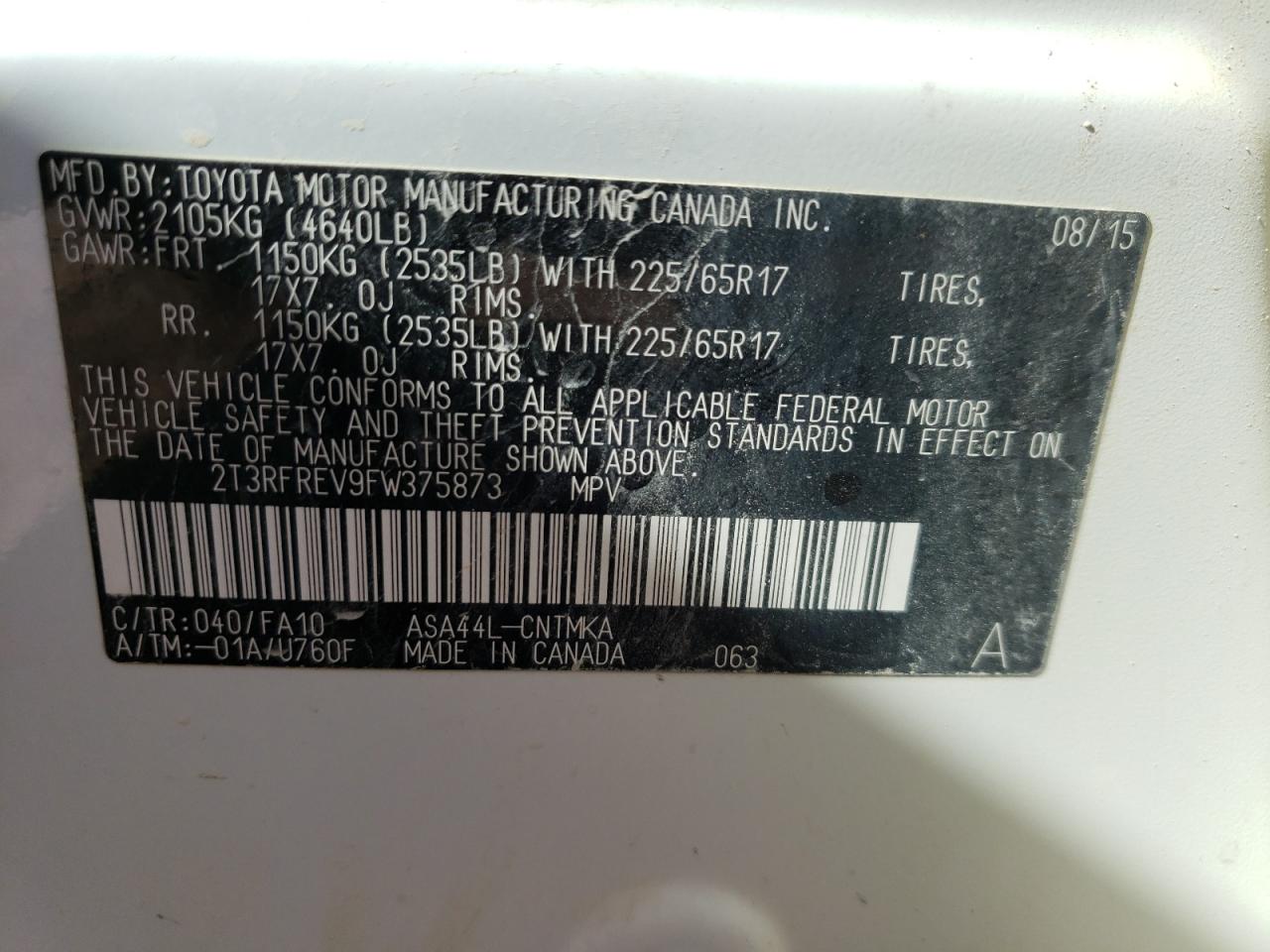 Photo 10 from auction – 2015 TOYOTA RAV4 XLE with VIN 2T3RFREV9FW375873