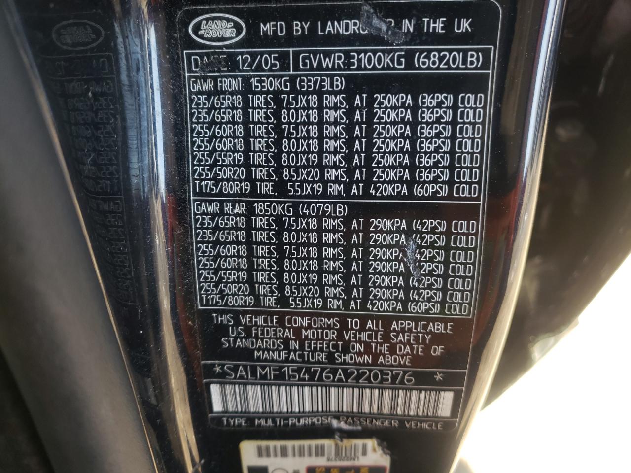 Photo 10 from auction – 2006 LAND ROVER RANGE ROVE with VIN SALMF15476A220376