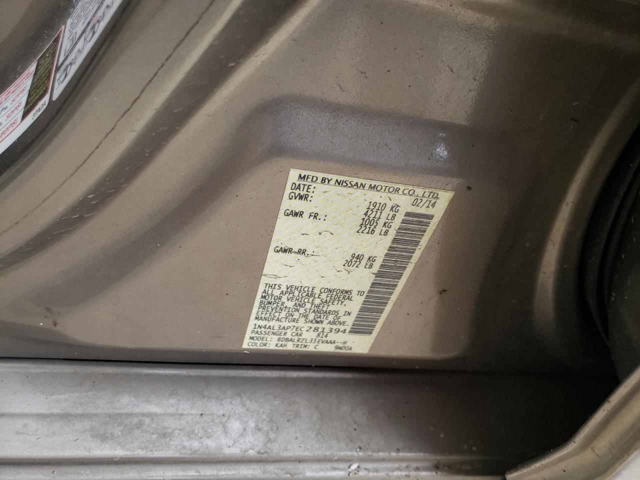 Photo 10 from auction – 2014 NISSAN ALTIMA 2.5 with VIN 1N4AL3AP7EC281394