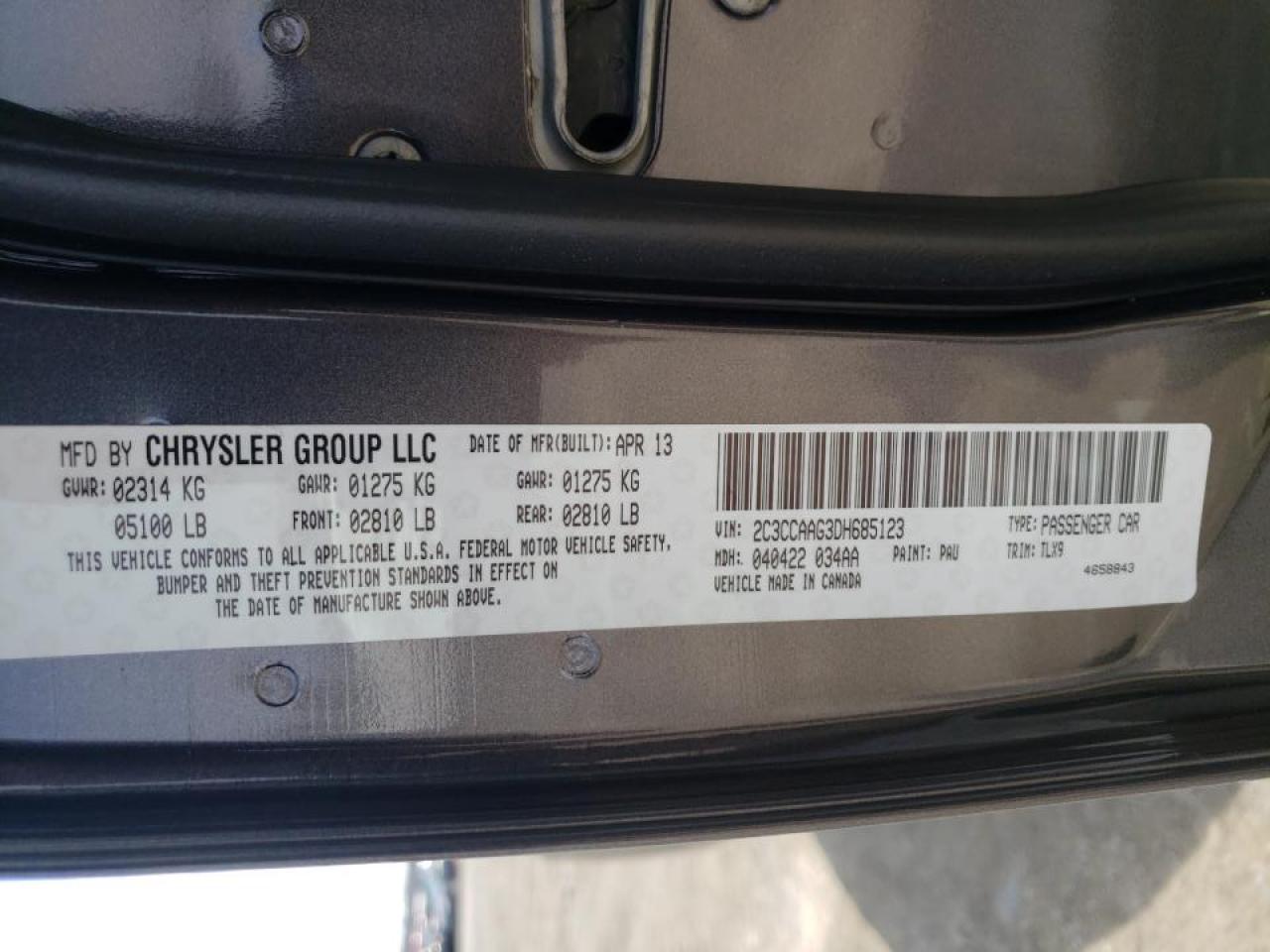 Photo 10 from auction – 2013 CHRYSLER 300 with VIN 2C3CCAAG3DH685123