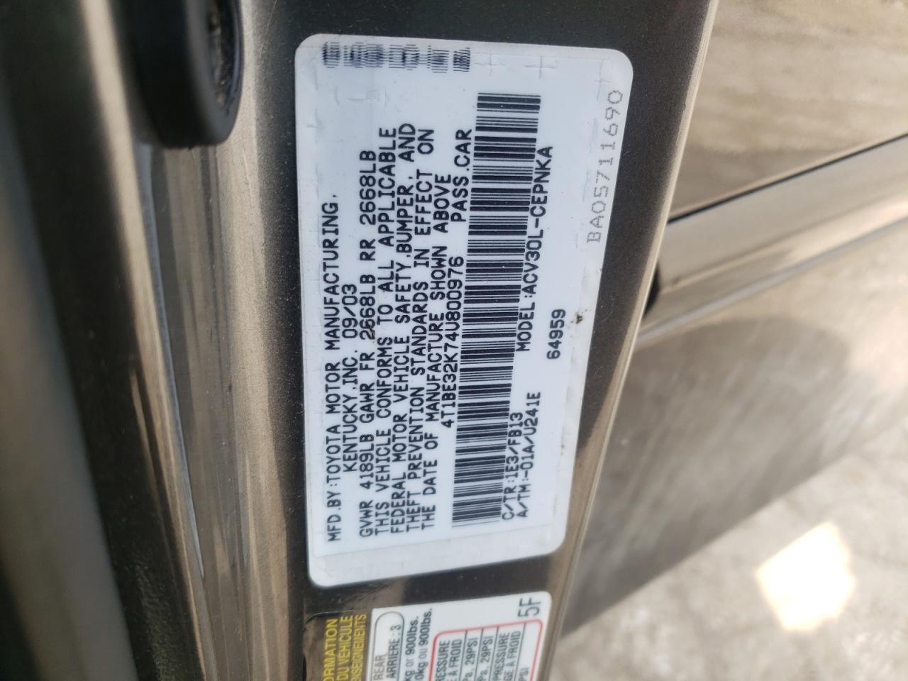 Photo 10 from auction – 2004 TOYOTA CAMRY LE with VIN 4T1BE32K74U800976