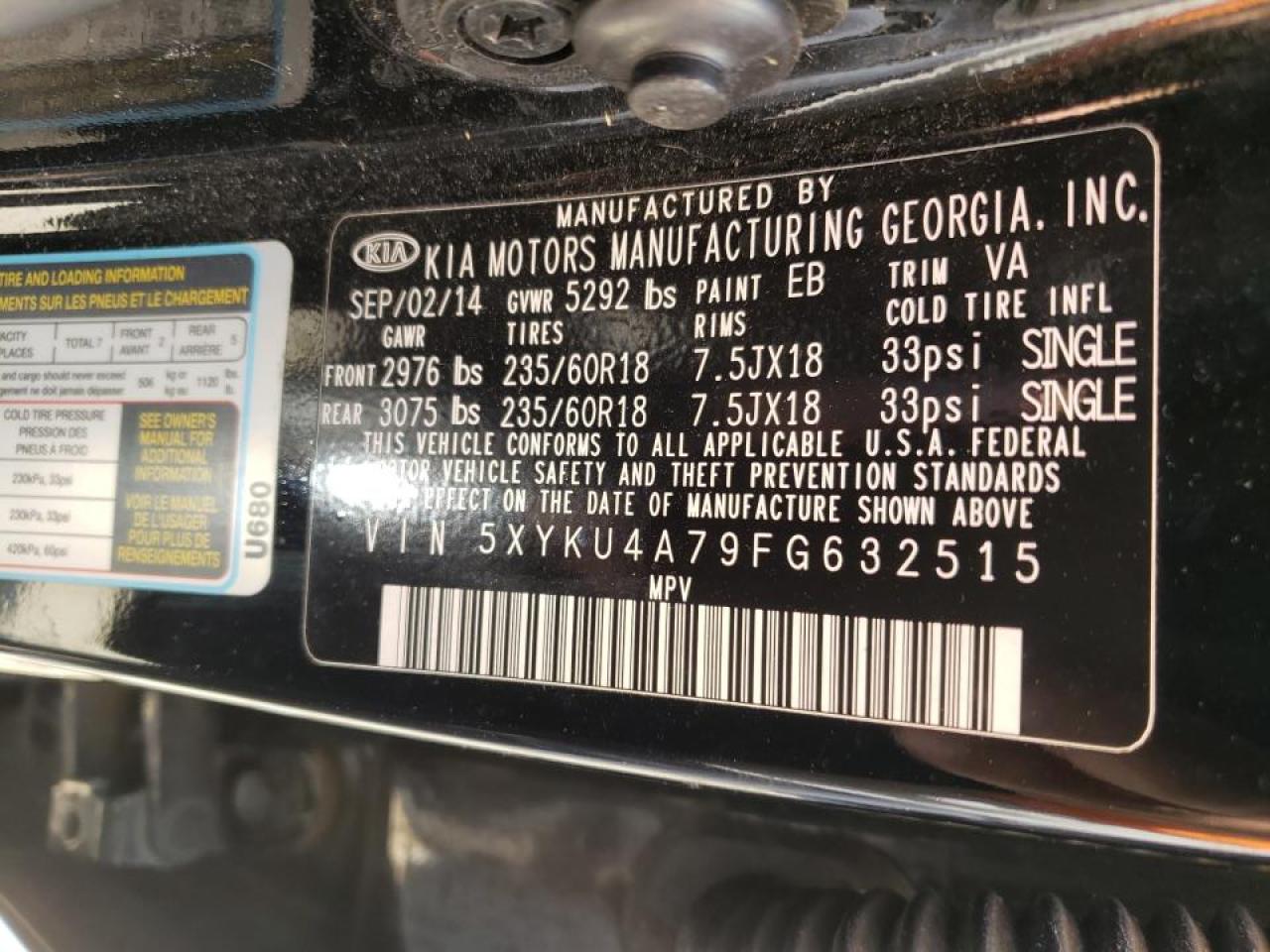 Photo 10 from auction – 2015 KIA SORENTO EX with VIN 5XYKU4A79FG632515