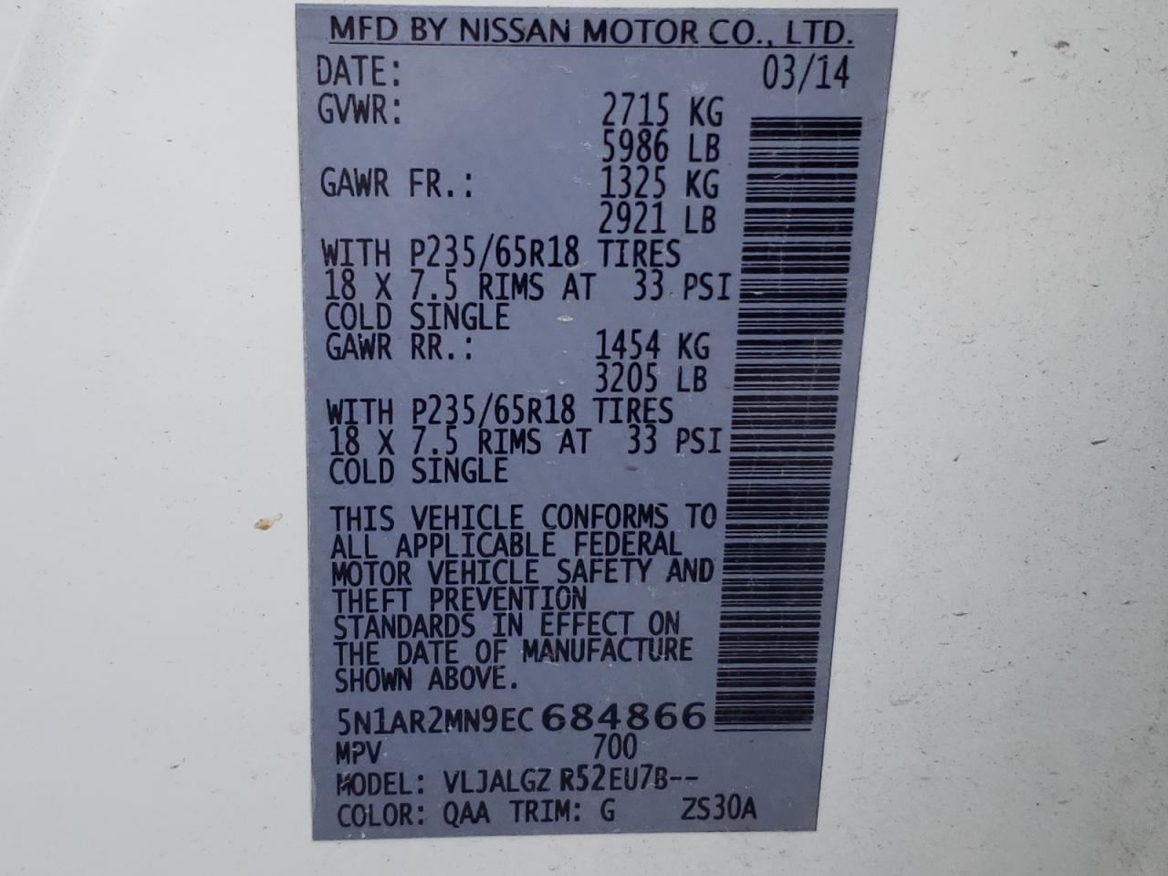 Photo 10 from auction – 2014 NISSAN PATHFINDER with VIN 5N1AR2MN9EC684866