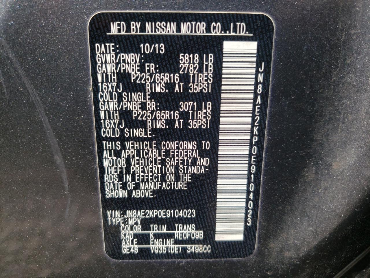 Photo 10 from auction – 2014 NISSAN QUEST S with VIN JN8AE2KP0E9104023