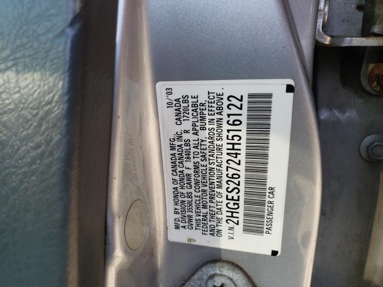 Photo 10 from auction – 2004 HONDA CIVIC EX with VIN 2HGES26724H516122
