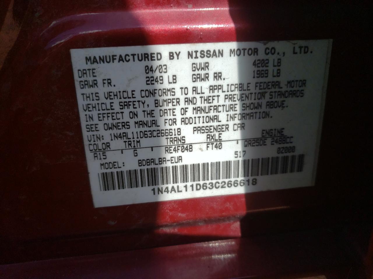 Photo 10 from auction – 2003 NISSAN ALTIMA BAS with VIN 1N4AL11D63C266618