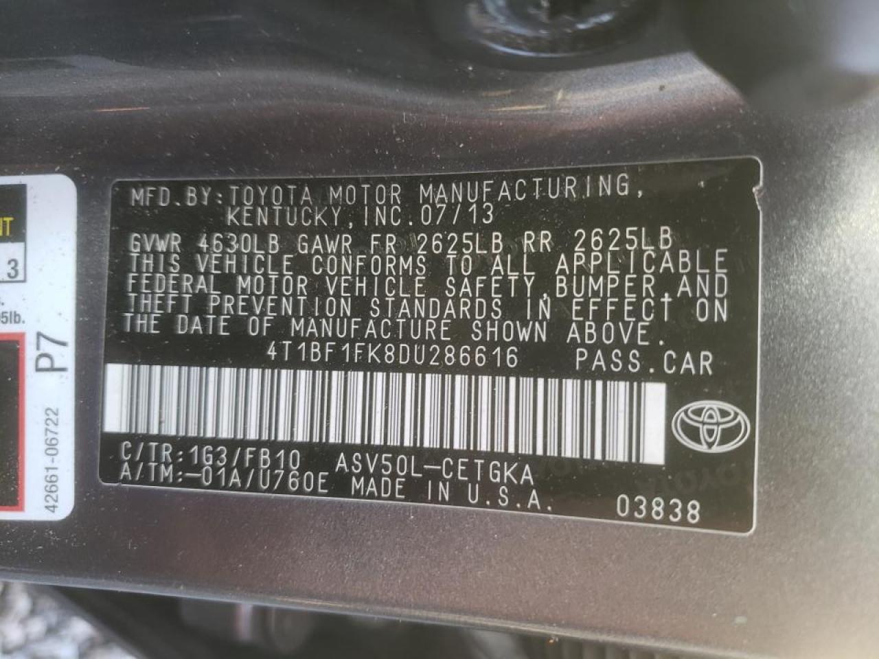 Photo 10 from auction – 2013 TOYOTA CAMRY L with VIN 4T1BF1FK8DU286616