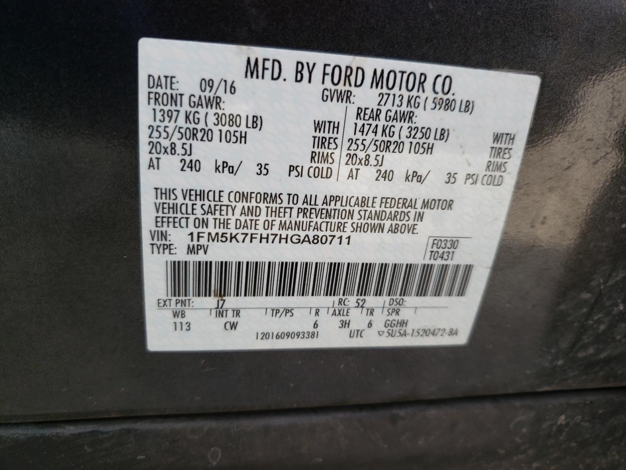Photo 10 from auction – 2017 FORD EXPLORER L with VIN 1FM5K7FH7HGA80711