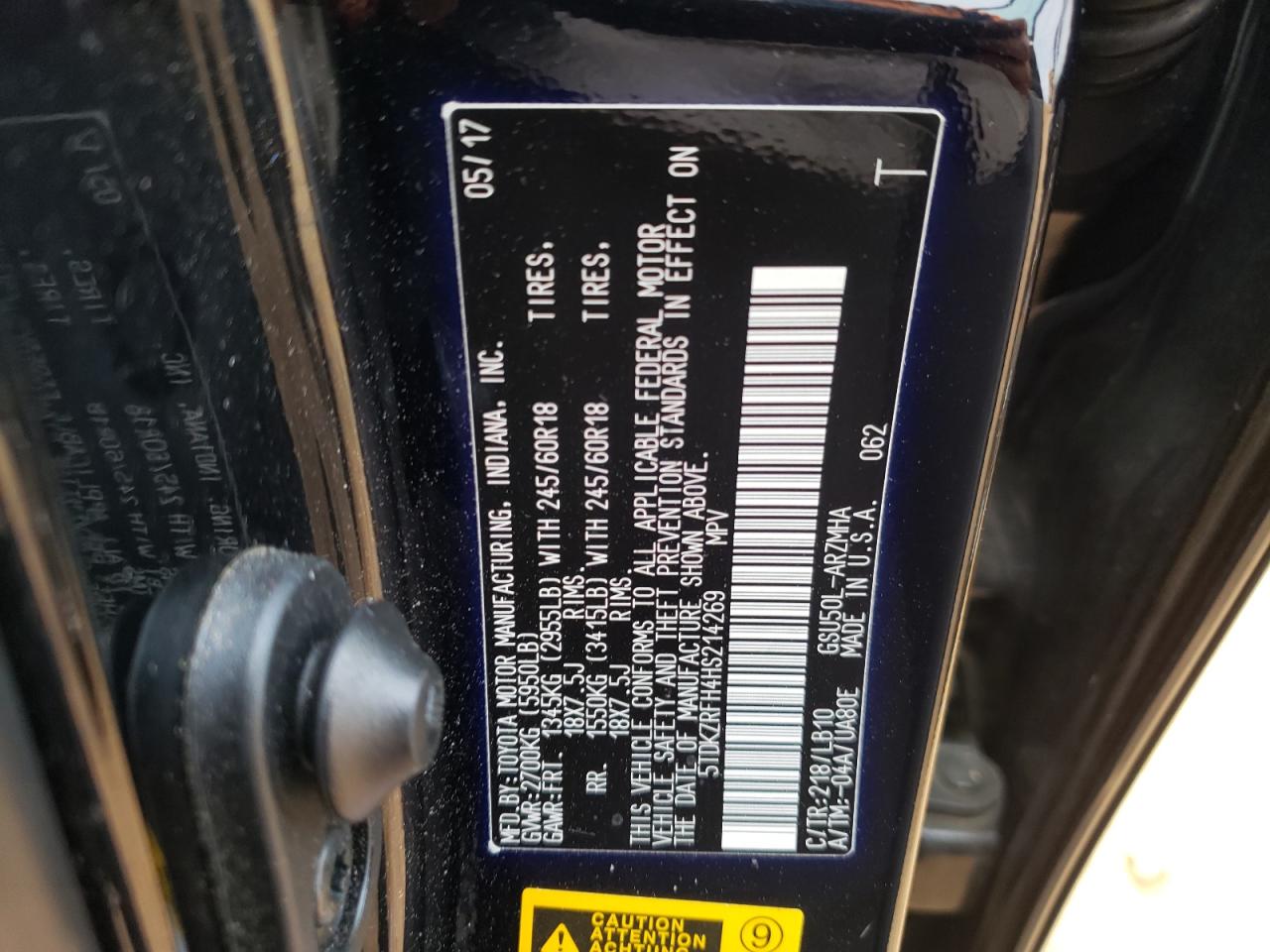 Foto 10 de la subasta – 2017 TOYOTA HIGHLANDER con VIN 5TDKZRFH4HS214269
